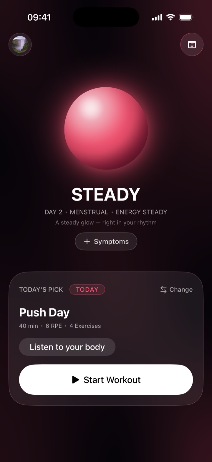 Roza's Home screen: today's energy as a glowing orb, the cycle day and phase, and today's workout